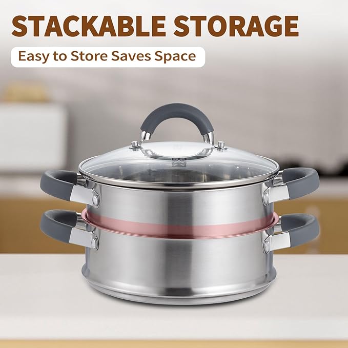 GOLDEN KEY 3.2 QT Steamer for Cooking,Steamer Pots with Vegetable Steam Basket,2-Tier Multipurpose 18/8 Stainless Steel Steaming Pot Cookware for Vegetable,Soup, Food,Dumplings,Oven & Dishwasher Safe