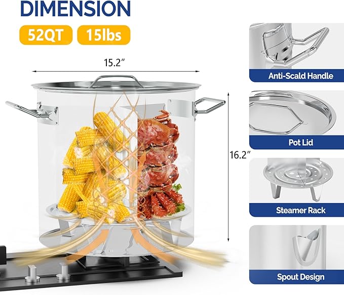 ROVSUN 52QT Stainless Steel Tamale Steamer Pot, Steam Pots for Cooking with Water Fill Spout, Steamer with Divider and Rack, Ideal for Seafood Crab Vegetables lobster