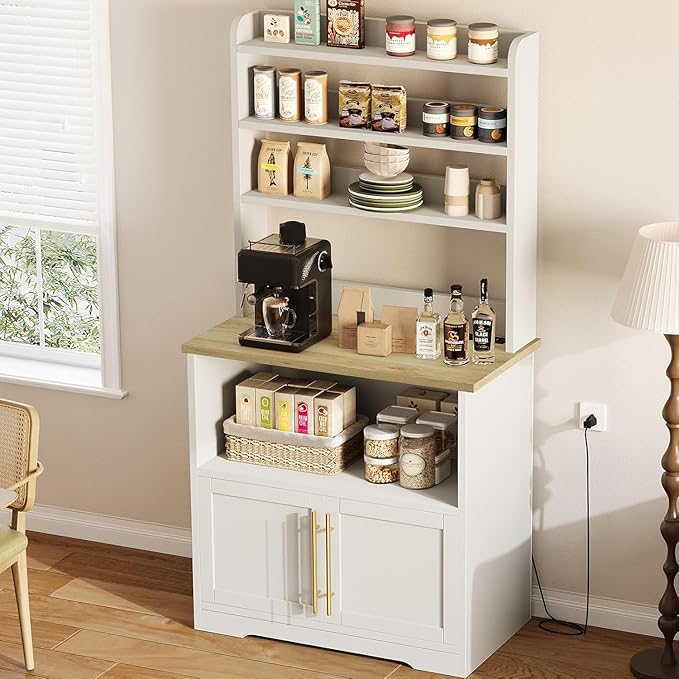 GAOMON Farmhouse Bakers Rack with Storage Cabinet and Charging Station, Kitchen Hutch with Thickened Tabletop, Power Outlets & USB Ports, Pantry Organizer Shelf for Kitchen and Dining Room, Wood