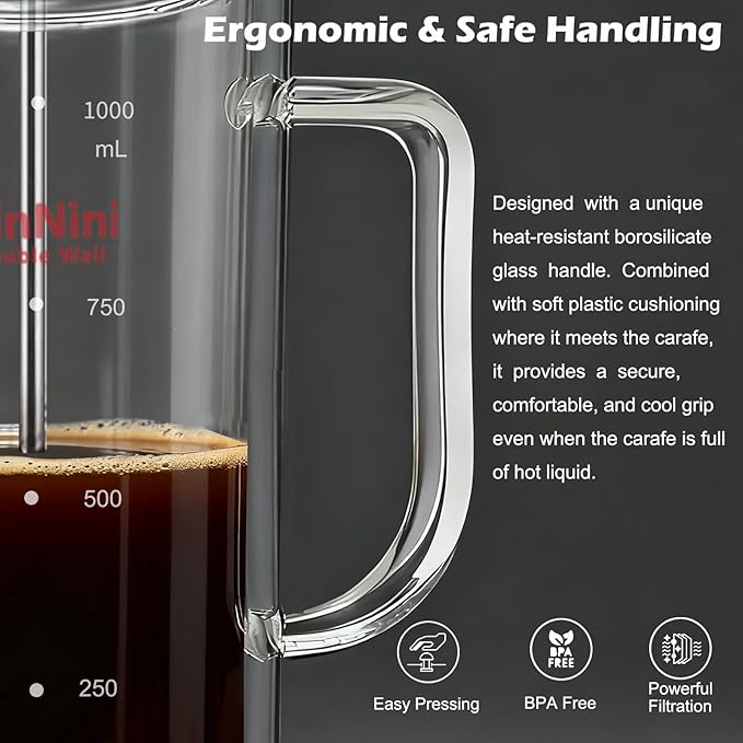 GinNini 34-Ounce French Press Coffee Maker, Double Wall Borosilicate Glass Carafe with Removable Stainless Steel Filter and Shaft with Enlarged Bamboo Knob and Lid,Heat-Resistant for Coffee and Tea