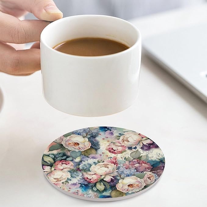 Round-4PCS Floral Drink Coasters, Round Modern Ceramic Absorbent Coasters, Watercolour Abstract Nature Plant Floral Colorful Wildflower Decor Desk Coffee Table Coaster for Beverage Cup Tea Coasters