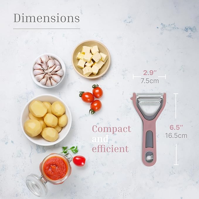 3 in 1 Vegetable Peeler – Julienne Slicer with Bottle Opener and Built-in Eye Remover – Stainless Steel Blade with Comfortable Handle – Potato, Cabbage, and Carrot Peeler for Kitchen – Pastel Pink
