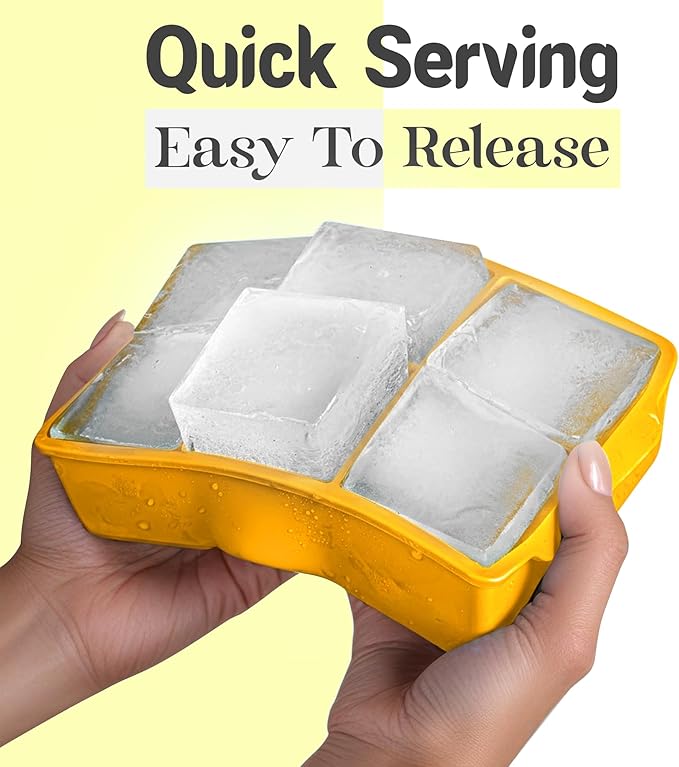 KitchFort Large Silicone Ice Cube Tray (2-Pack), Easy Release 2" Big Ice Cubes - Cocktail, Whiskey Ice Cubes Mold - Ice Trays for Freezer with Lid - Stackable Silicone Ice Tray - Mustard Yellow