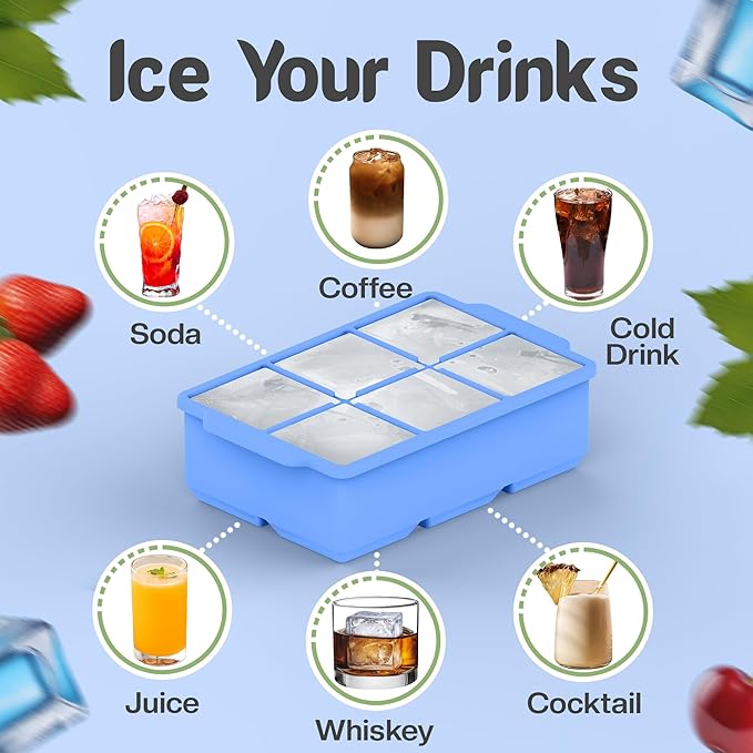 KitchFort Large Silicone Ice Cube Tray (3-Pack), Easy Release 2" Big Ice Cubes - Cocktail, Whiskey Ice Cubes Mold - Ice Trays for Freezer with Lid - Stackable Silicone Ice Tray - Blue