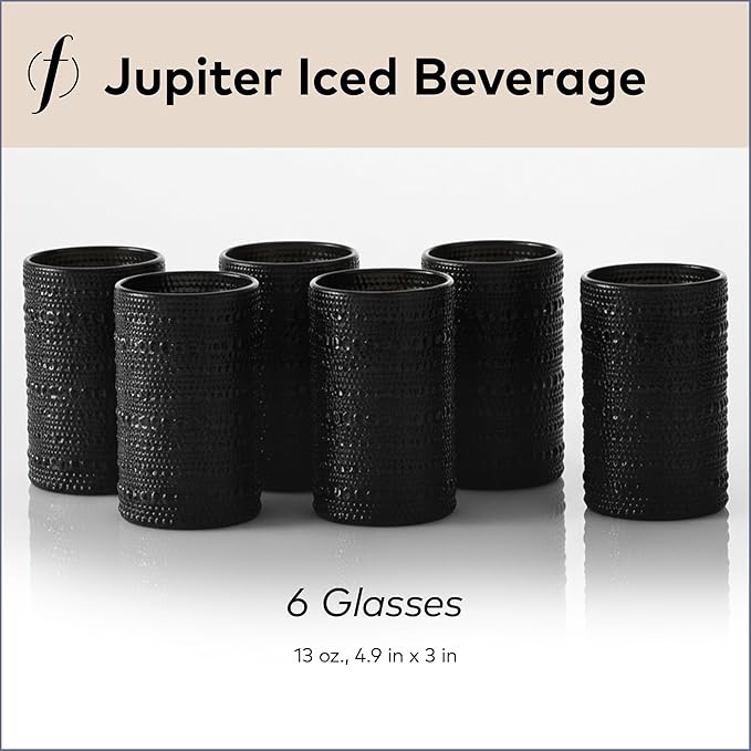 Fortessa Jupiter Beaded Hobnail Glass, 13 Ounce Iced Beverage (Set of 6), Obsidian Black
