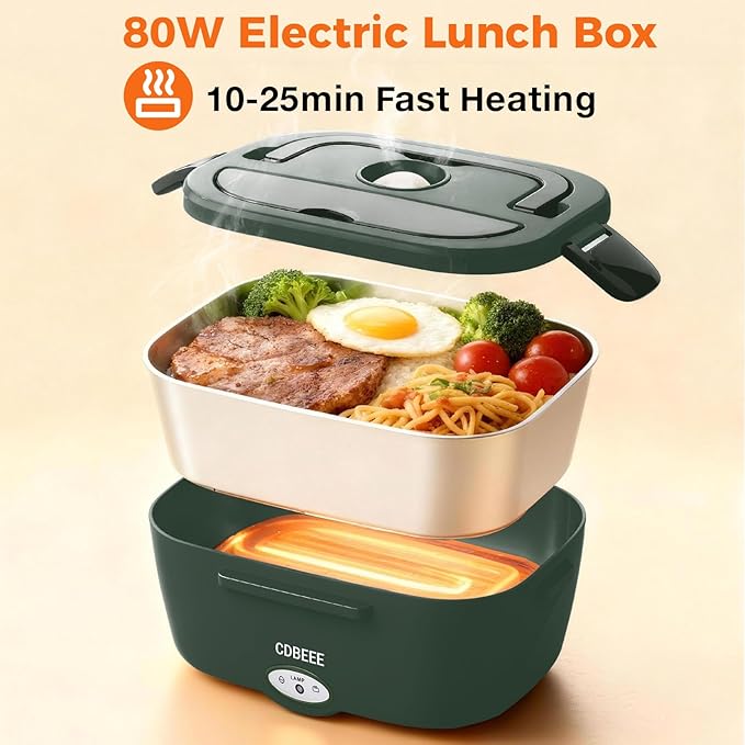 Electric Lunch Box Food Warmer-80W Fast Heating, 1.5L Leak-Proof 304 SS Container,12V/24V Car/Truck & 110V Home/Office, Portable for Drivers/Workers, Ideal for Trips/Work Lunches（Dark-green）