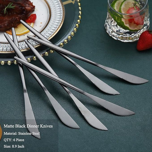 HOMQUEN Dinner Knives 6 Piece, Stainless Steel Matt Black Dinner Knife, Sturdy butter knife, Modern Design butter knives, Dishwasher Safe (Matt Black-8.9 Inch)
