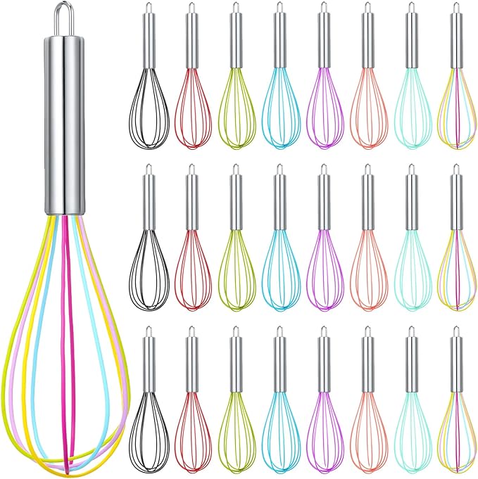 Domensi 24 Pcs 8 Inch Whisks Bulk for Cooking Silicone Whisks Non Scratch Stainless Steel Egg Beater Colorful Coated Metal Heat Resistant Egg Beaters for Valentines Day Party Favor Gift Supplies