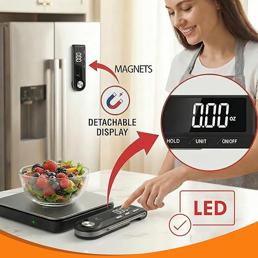 SEVEN SQUARED 72 Digital Kitchen Food Scale with Removable LED Display & Built-in Thermometer, 11lb/5kg High Precision 0.1g Stainless Steel Scale for Cooking & Baking, Tare Function, 5 Units