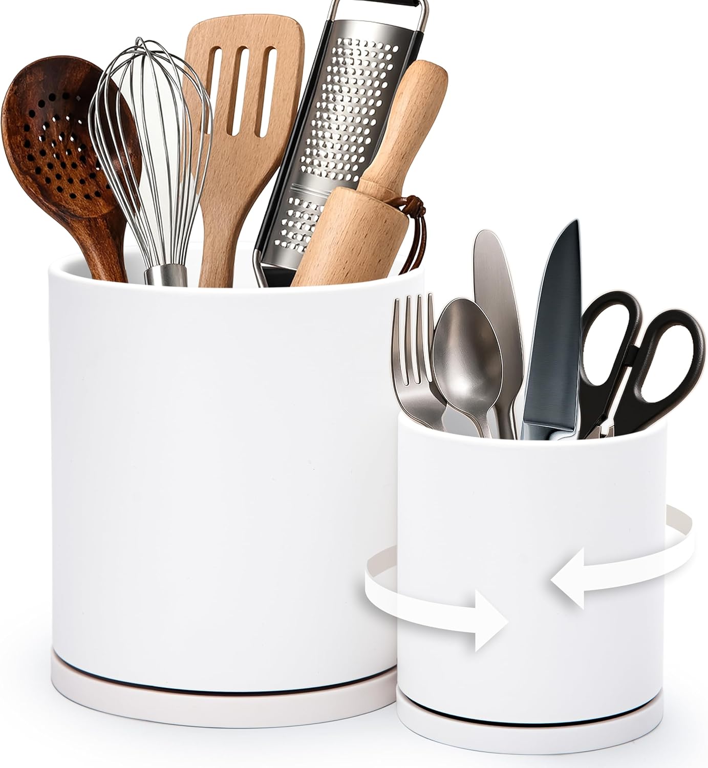 D'vine Dev 360° Rotating Utensil Holder Set – 7.2"+5" Kitchen Utensil Crocks for Countertop, Modern Cooking Tool Organizers for Kitchen Storage +Décor, White, Set of 2, 72-Z-A-1