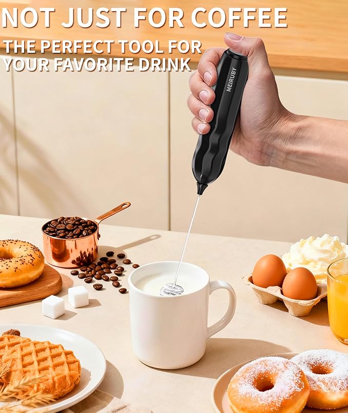 MEIRUBY 2-Pack Handheld Milk Frother with Stand, Powerful Electric Foam Maker, Coffee Lover Gift for Lattes, Cappuccino, Matcha & Hot Chocolate, Black/Pink