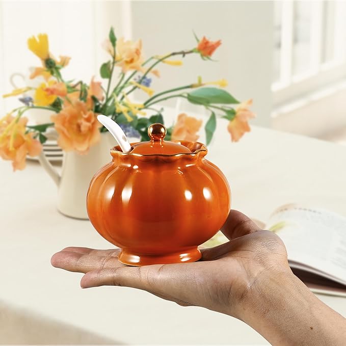 Ceramic Sugar Bowl, Salt Cellar with Lid and Spoon, 9oz Sugar Jar for Coffee Bar, Salt Box Sugar Containers for Seasoning, Spice, Sauce, Elegant Decor for Kitchen Countertop