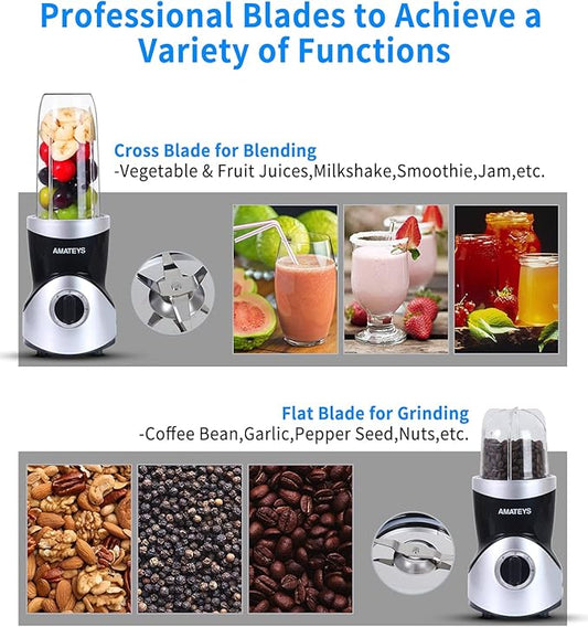 Amateys Personal Blender for Shakes and Smoothies,Professional Kitchenblender with Blending & Grinding Blades, Portable Coffee Grinder with 24/10 OZ Travel Bottles, Adjustable Speeds Juice Blender