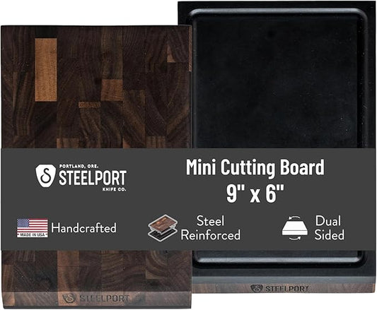 STEELPORT Mini Cutting Board 9"x6" - Steel Reinforced, Utlra-thin Butcher Block | Dual Sided - End-grain Walnut Wood, Composite Side | Chopping Board with Juice Groove | USA Made for Home, Chefs