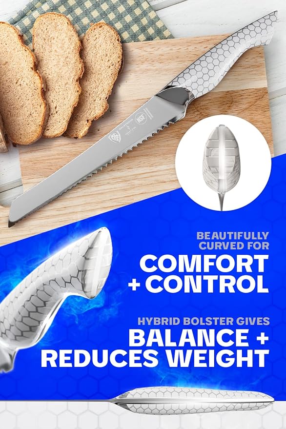 Dalstrong Serrated Bread Knife - 8 inch - Frost Fire Series - High Chromium 10CR15MOV Stainless Steel - Frosted Sandblast Finish - White Honeycomb Handle - Slicing - Leather Sheath - NSF Certified