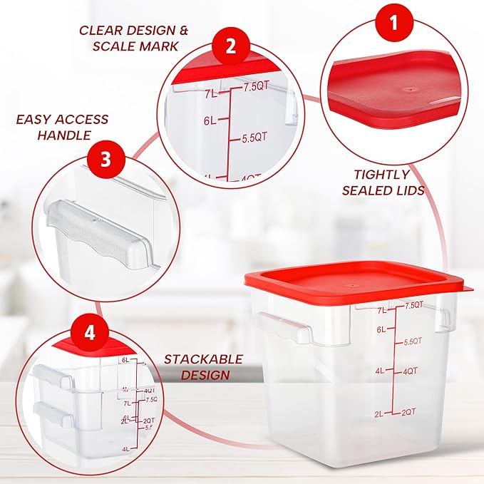 STEELUS 4 Pack Food Storage Containers, 8 Quart with Lids, Square Commercial Containers with Scale, Clear NSF Food Organizing, Polycarbonate