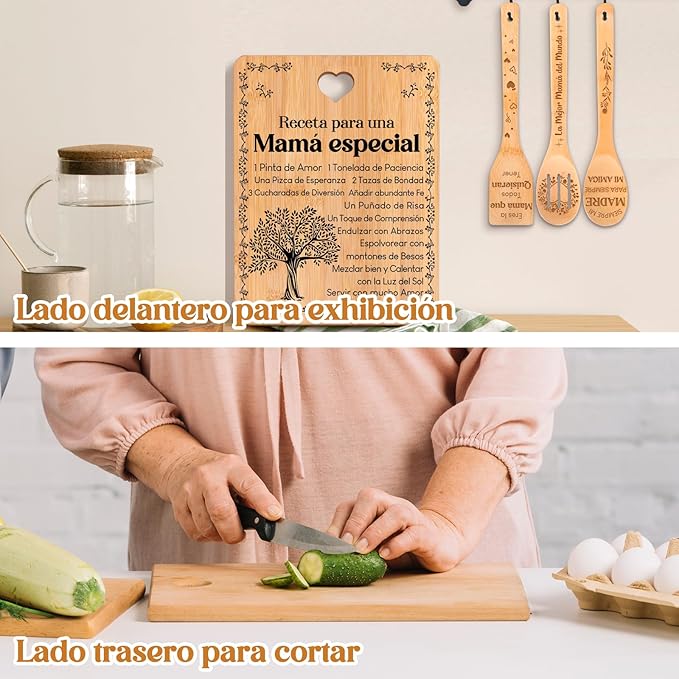 Regalos de cumpleaños para mamá - "Receta para una mamá especial". Juego de tablas de cortar y utensilios de bambú grabados. Regalos de cumpleaños para mamá. Spanish Mom Cutting Board