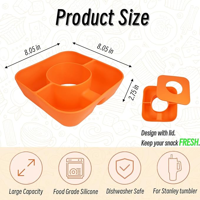 Snack Bowl for Stanley Cup 40 oz Tumbler, Reusable Snack Tray with Lid, Snacks Ring, Silicone Food Holder for Stanley Cup Accessories (Orange)