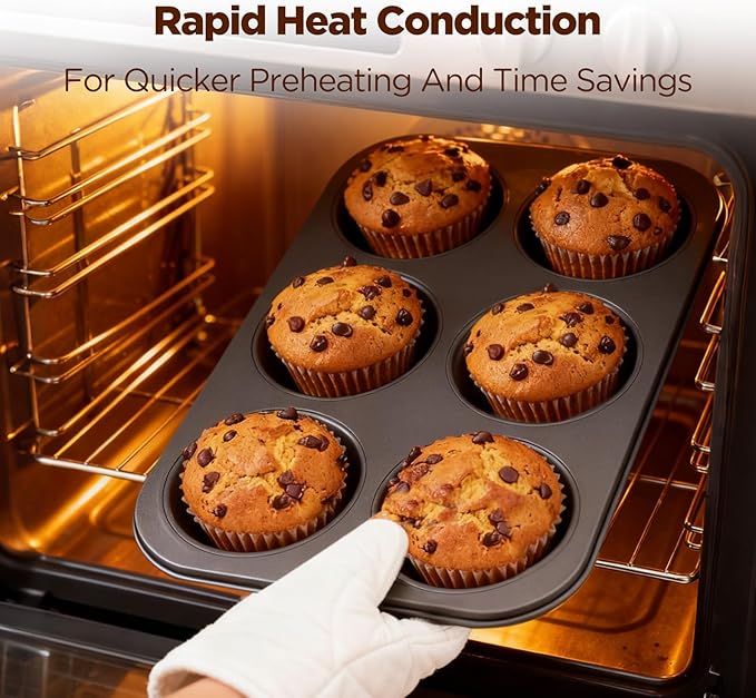 VEOOK 2 Pack Jumbo Muffin Pan, Texas Size Nonstick Cupcake Pan, 6-Cup Giant Muffin Tin, Carbon Steel Baking Pan for Muffins, Cupcakes, Brownies, Easy Clean & Heavy Duty(JP-01)