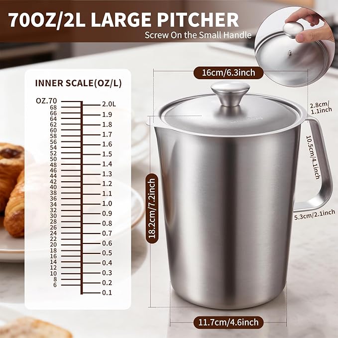 Stainless Steel Water Pitcher with Lid, 2L Stainless Steel Pitcher 8 Cup Metal Measuring Cup with Handle, Large 70 oz Milk Frothing Pitchers for Coffee, Iced Tea, Hot & Cold Water