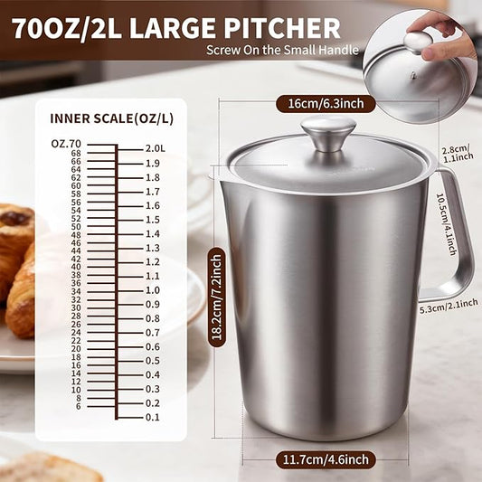 Stainless Steel Water Pitcher with Lid, 2L Stainless Steel Pitcher 8 Cup Metal Measuring Cup with Handle, Large 70 oz Milk Frothing Pitchers for Coffee, Iced Tea, Hot & Cold Water