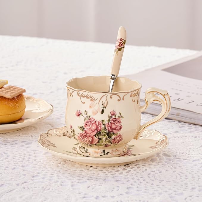 YOLIFE Tea Cups and Saucers Set of 2, Vintage Ceramic Tea Cups Set Floral and Gold Leaves Trim Design - 8 oz (Pink Rose with Gift Box(no stand))