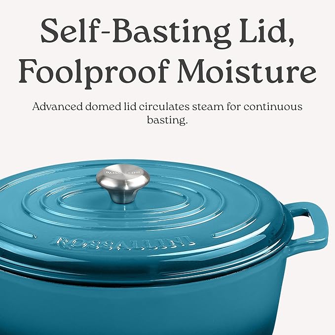 ROSSALLINI Signature Enameled Cast Iron Oval Dutch Oven | Non-Stick Serving Pot with Tight Fitting Lid for Perfect Roasting, Baking, Sauteing, and Bread Making | 9.5Q [Indigo Blue]