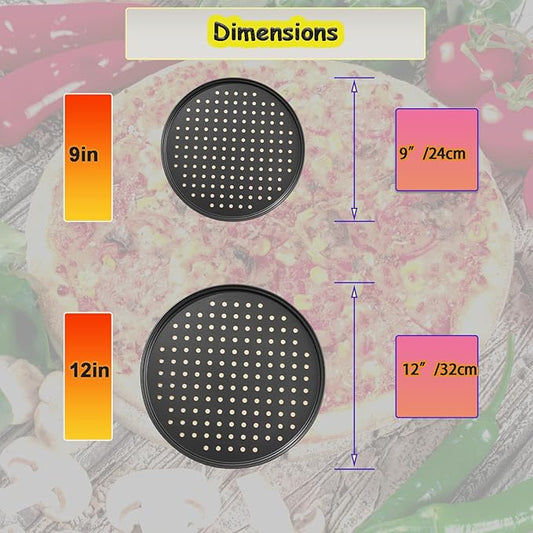 Sydentrey 2Pcs Carbon Steel Pizza Pan With Holes 9inch 12inch non stick pizza pan for Oven Round Perforated Pizza Tray Pizza Bakeware For Home Restaurant Baking (2pcs 9inch)