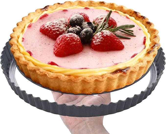 KUAYB 10 Inch Nonstick Tart Pan with Removable Bottom, Carbon Steel Quiche and Pie Pan- 1.1-Inch Depth, Fluted Edges for Baking Tarts, Quiches, Mousse Cakes, and Desserts
