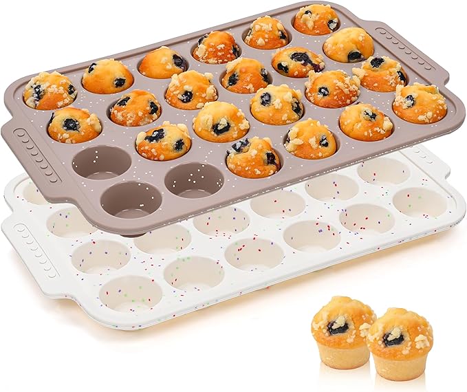 AOTASO 2 Pcs Silicone Muffin Pans for Baking with Metal Reinforced Frame, Nonstick Cupcake Tray for Oven, 24 Cups Mini Size Silicone Molds for Egg Bites, Dishwasher Safe (Brown, Cream)