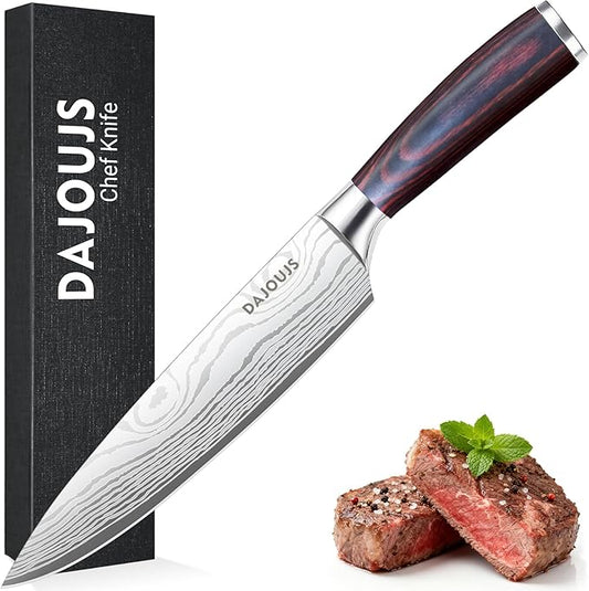 Chef Knife 8 Inch Kitchen Knife - Ultra Sharp High-Carbon Steel Chefs Knife, Professional Cooking Knives with Ergonomic Wood Handle & Gift Box