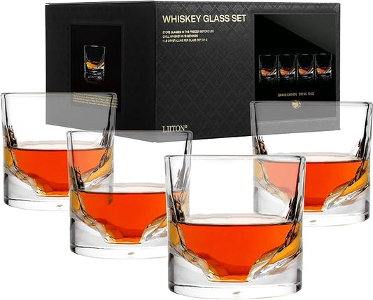 LIITON Grand Canyon Heavy Crystal Whiskey Glasses Gift Set of 4, Thick Freezable Bourbon Glass 1lb Each, Premium Whiskey Gifts for Men, Frozen Crystal Chills Cocktails, 10 oz