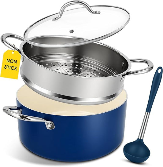 AOSION 6 Quart Steamer Pot With Lid, Nonstick Ceramic Steam Pot with Ladle, 2-Tier Multipurpose Steamer for Cooking with Vegetable,Soup, Stews,Dumplings,Oven & Dishwasher Safe