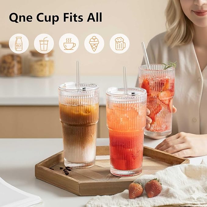 Ruckae 20oz Glass Bottles with Lids,Glass Cups with Lids and Straws,Water Bottle Drinking Glasses for Coffee,Smoothies,Tea,Juice (6, Transparent)