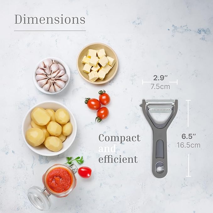 3 in 1 Vegetable Peeler – Julienne Slicer with Bottle Opener and Built-in Eye Remover – Stainless Steel Blade with Comfortable Handle – Potato, Cabbage, and Carrot Peeler for Kitchen – Grey