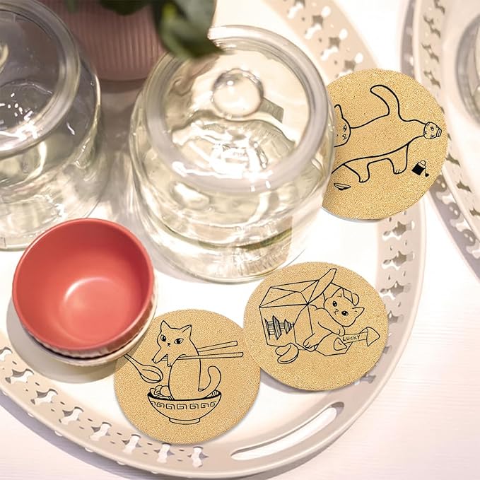 Coasters for Drinks with Holder Set of 6, Cat Cork Coaster Absorbent for Office Desk Cup Table Coasters Kitchen Decor House Warming Gifts for New Home, Round 4"
