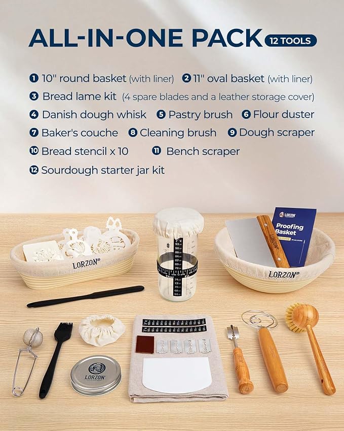 Proofing Baskets with Sourdough Starter Jar Kit, 10" Round & 11" Oval Plastic Bannetons, Sourdough Bread Baking Supplies