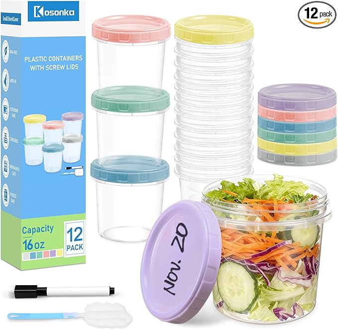 12 Piece 16 oz Plastic Food Storage Containers with Lids, Reusable Freezer Storage Containers, Meal Prep Containers with Pen and Brush, BPA-Free, Screw Top, Microwave & Dishwasher Safe