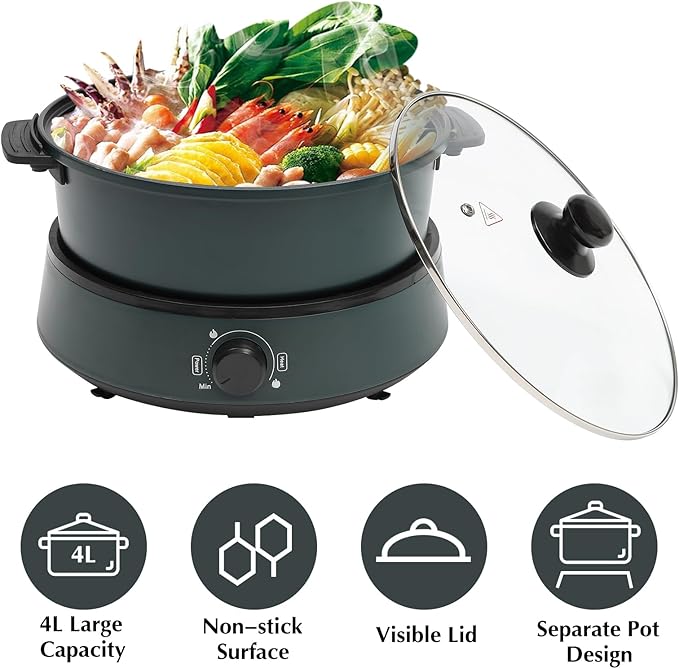 Electric Hot Pot with Induction Cooker Non-Stick Electric Skillet, Electric Pot for Cooking Burner with Shabu Shabu Pot Enjoy Chinese Hot Pot with Family and Friends (Dark Green)