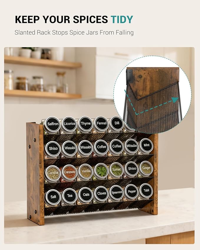 NESAPTO Spice Rack Organizer for Cabinet, Wooden 4 Tier Vertical Seasoning Organizers for Kitchen Pantry, Countertop/Wall Mount, Holds 28 Spice Jars (No Jars Included), 14" W × 9.4" H