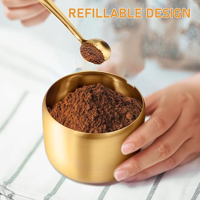 Sugar Container with Glass Lid and Spoon - 10oz Gold Sugar Bowl for Coffee Bar Station Accessories Kitchen Storage for Salt, Candy, Coffee Bean (Gold)
