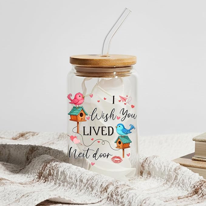 Wish You Lived Next Door Glass Cups with Lids and Straws 16 Oz Friendship Iced Coffee Cup Moving Away Drinking Jar for Women Men Long Distance Housewarming Valentines Gift for Soulmate C