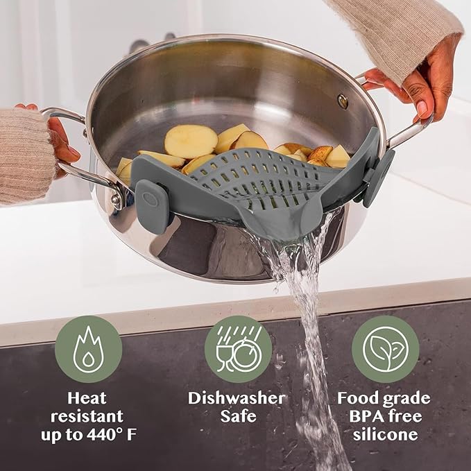 Food Strainer, Smart Pots, Clip-On Silicone Colander, Heat-Resistant by TerraHome (Gray)
