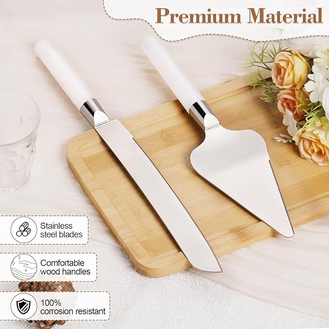 TUKDAK Cake Cutting Set for Wedding, Wood Cake Knife and Server Set, Vintage 2-Piece Pie Cake Cutter, White Pizza Dessert Utensils Bridal Anniversary Birthday Quinceañera Gift (White)