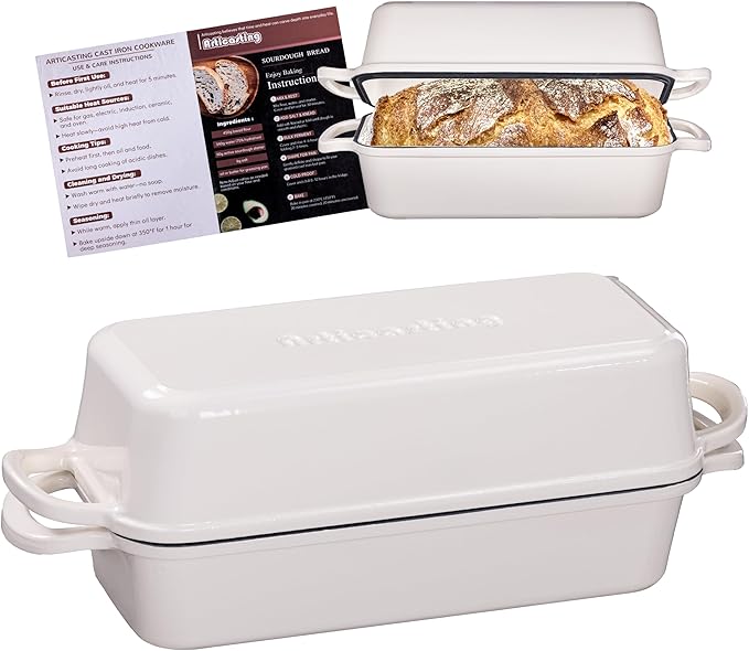 Articasting 11x5 Inch Cast Iron Bread Loaf Pan With Lid, 5.8 Qt Large Loaf Pan for Sourdough Bread Baking, Heavy Duty Dutch Oven Bread Pan For a Crispy Crust (Cream White)