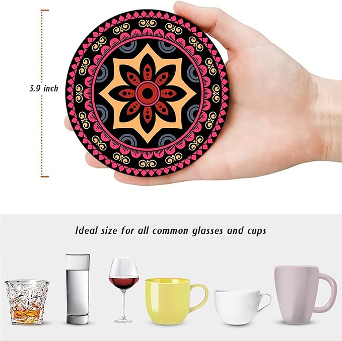 Coaster for Drinks Set of 6, Mandala Flower Floral Retro Absorbent Round Ceramic Stone Mat, with Cork Base and Metal Holder, Gift for Housewarming Room Bar Decor