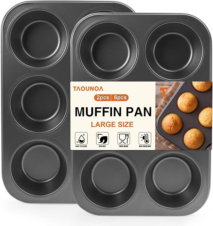 TAOUNOA Jumbo Muffin Pan 6 Cup Cupcake Tin Nonstick, 2PCS Durable Large Baking Pan for Big Muffins & Cupcakes, Easy Clean Carbon Steel Giant Muffin Tin for Oven Use, Parties