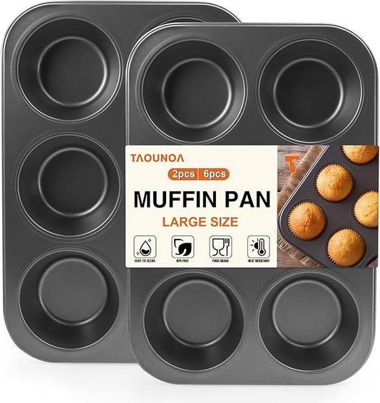 TAOUNOA Jumbo Muffin Pan 6 Cup Cupcake Tin Nonstick, 2PCS Durable Large Baking Pan for Big Muffins & Cupcakes, Easy Clean Carbon Steel Giant Muffin Tin for Oven Use, Parties