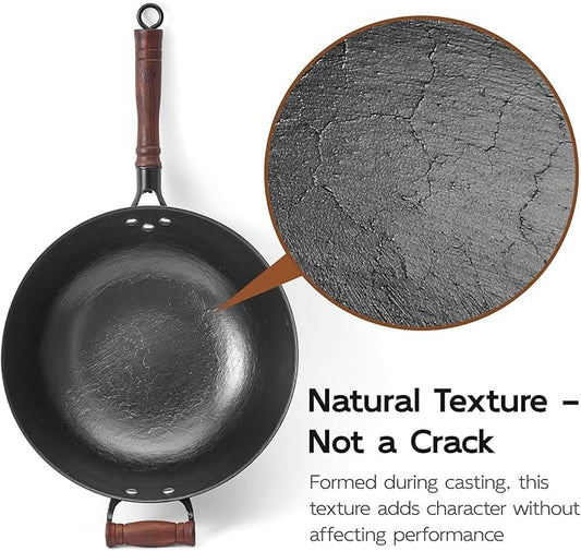 WANGYUANJI 13.4 Inch Cast Iron Wok with Lid and Iron Spatula, Flat Bottom Double-Handle Stir Fry Pan, Chemical-Free Uncoated Wok for Induction, Gas and Electric Stoves