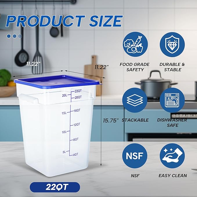 STEELUS 4 Pack 22 Quart Food Storage Containers with Lids, Polycarbonate Square Commercial Food Containers, NSF, Clear, New Version